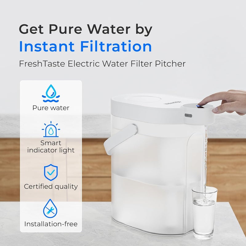 Waterdrop FreshTaste Instant Water Filter Pitcher, Rechargeable Powerful Dispenser, Reduce Chlorine, Lead, Copper, Purify, Soften Water, 17-Cup, White, Does not Lower TDS - Image 2
